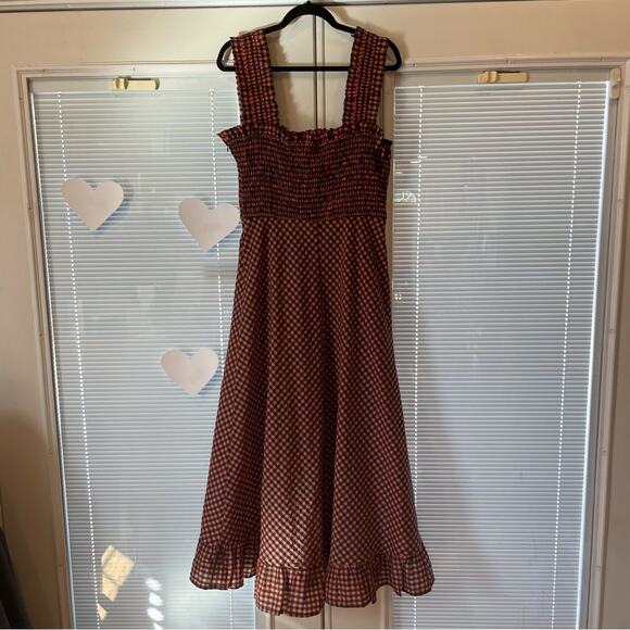 Ganni Smocked Gingham Midi Dress Orange and Black Sleeveless Dress NWT - Picture 7 of 16